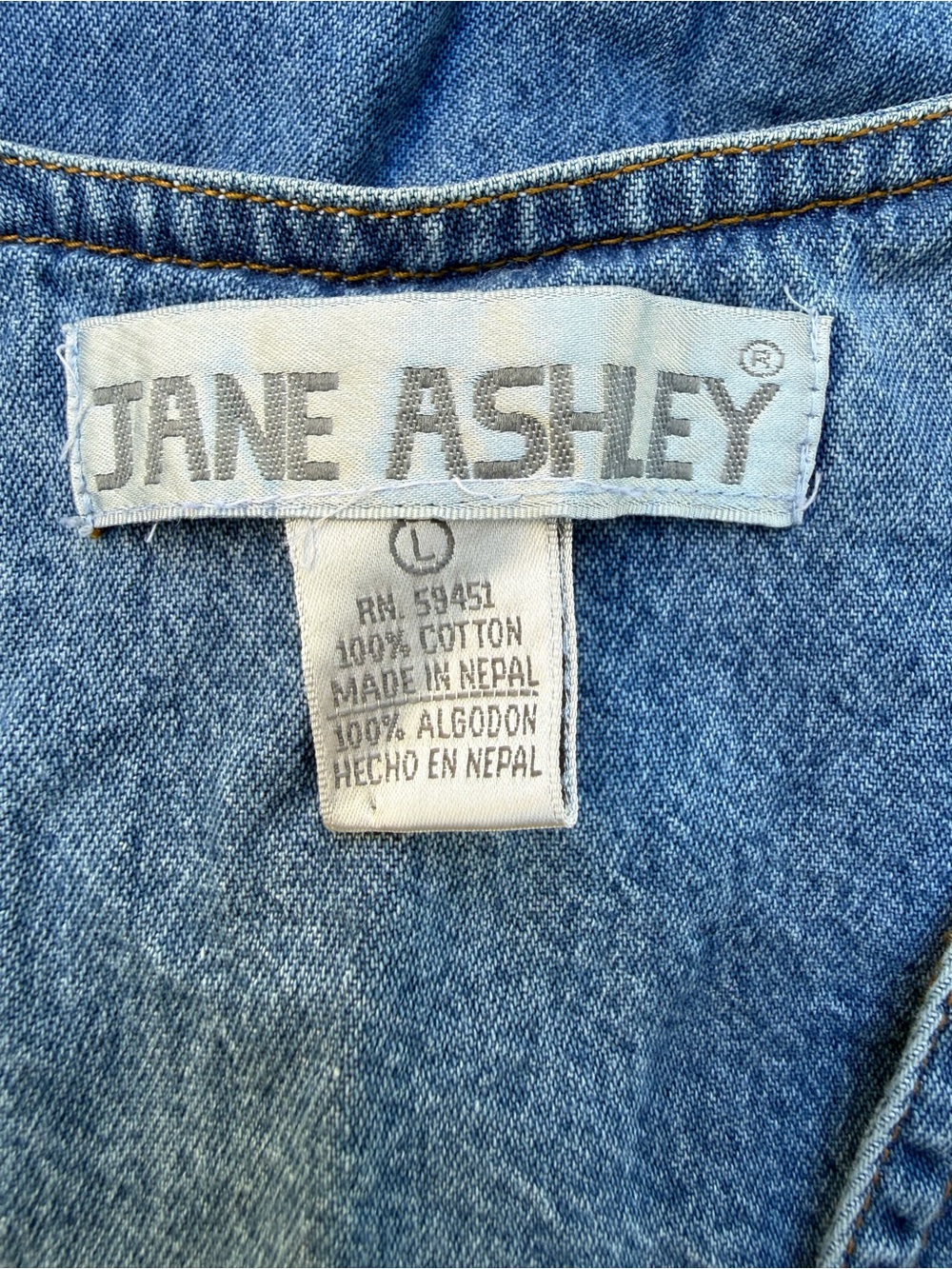 Vintage Jane Ashley Denim Jumper Dress L Floral Embroidered Button Front Flawed - Picture 2 of 12